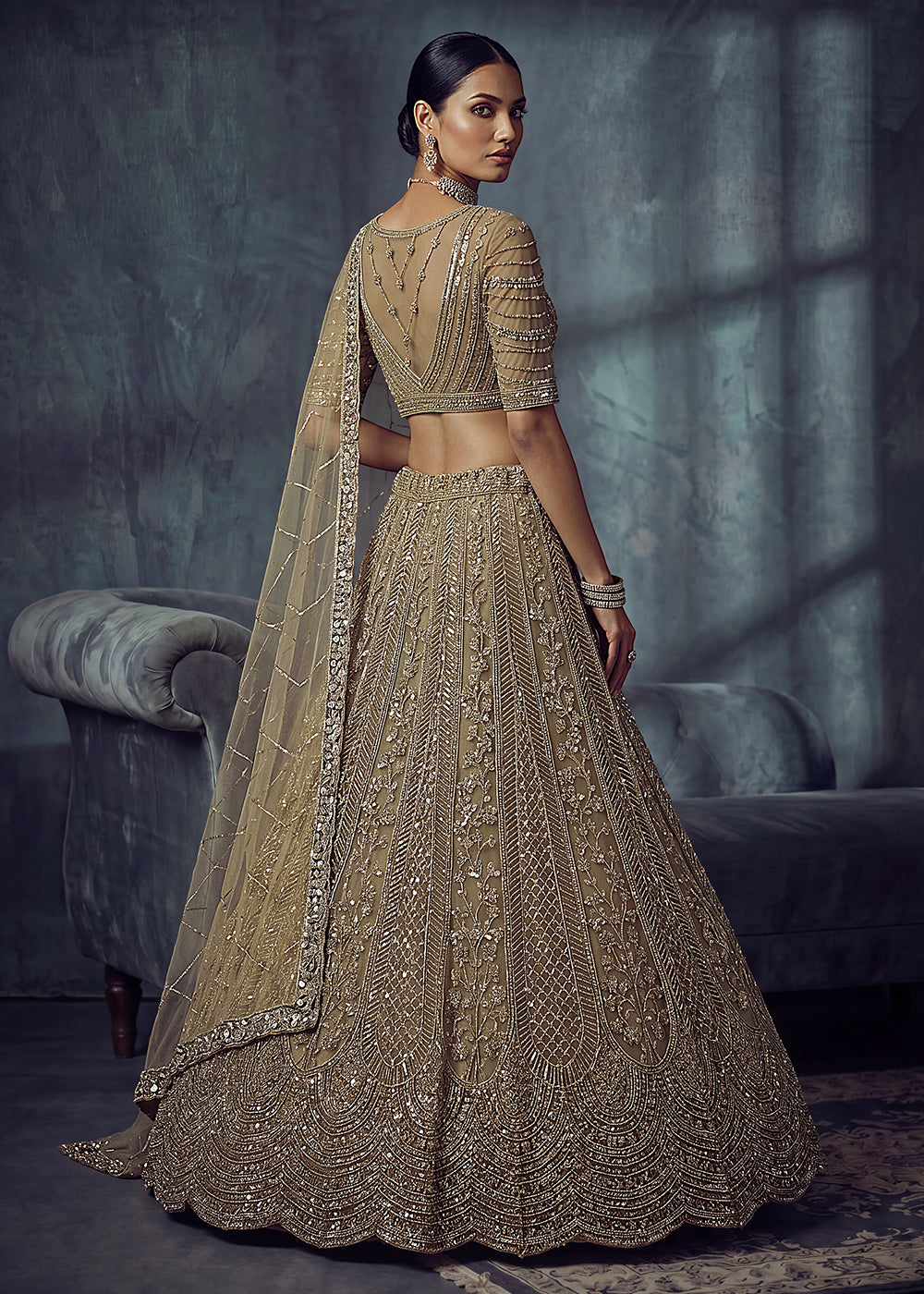Buy Now Bridal Golden Embroidered Designer Style Lehenga Choli Online in US, UK, Canada, France, Italy, Germany, Sweden, UAE &amp; Worldwide at Empress Clothing.
