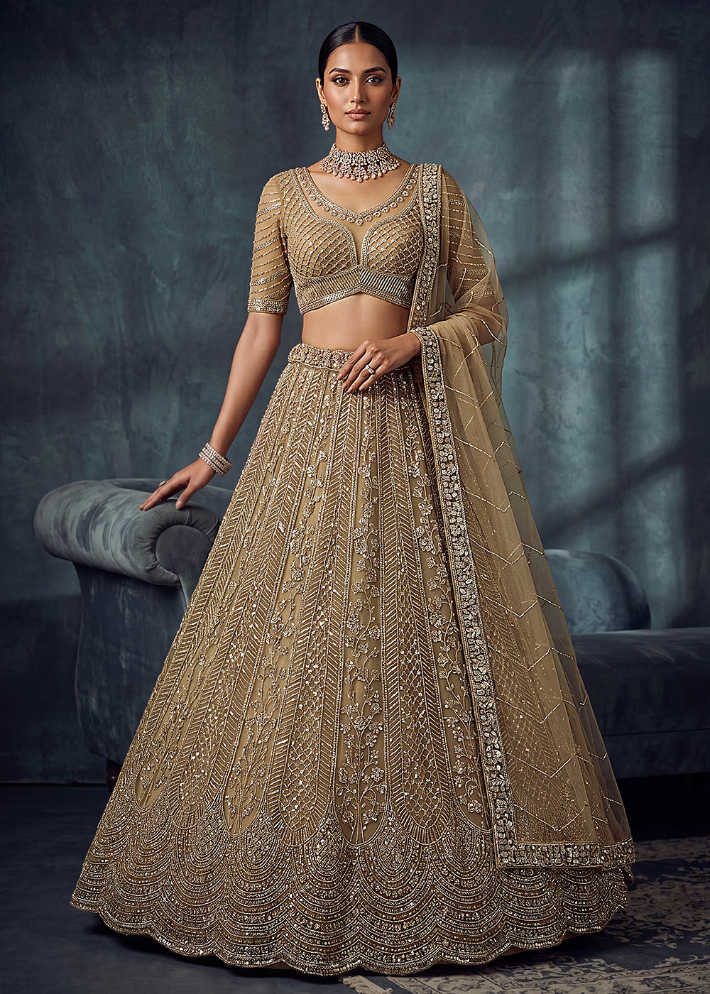 Buy Now Bridal Golden Embroidered Designer Style Lehenga Choli Online in US, UK, Canada, France, Italy, Germany, Sweden, UAE & Worldwide at Empress Clothing.