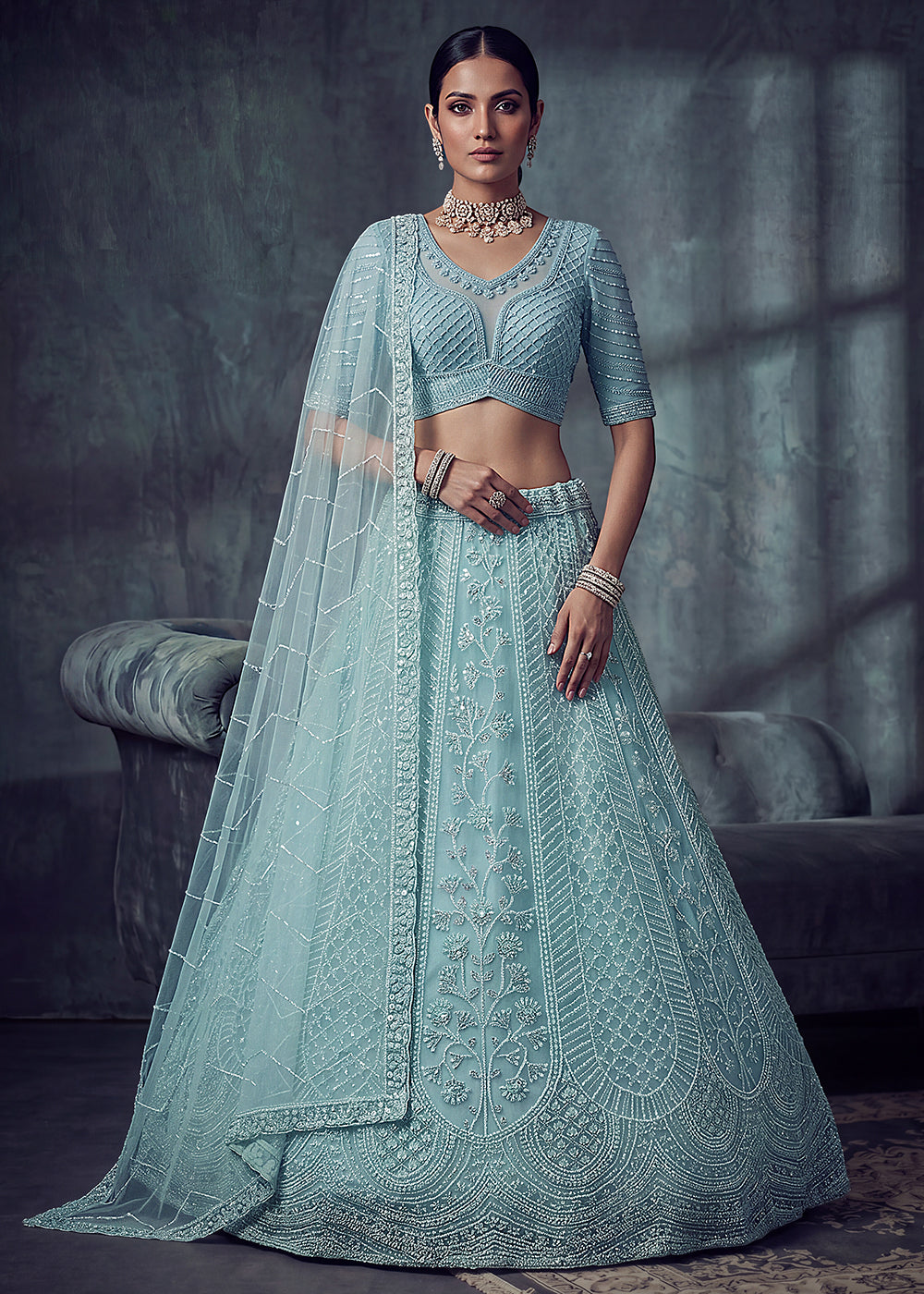 Buy Now Bridal Sky Blue Embroidered Designer Style Lehenga Choli Online in US, UK, Canada, France, Italy, Germany, Sweden, UAE &amp; Worldwide at Empress Clothing.