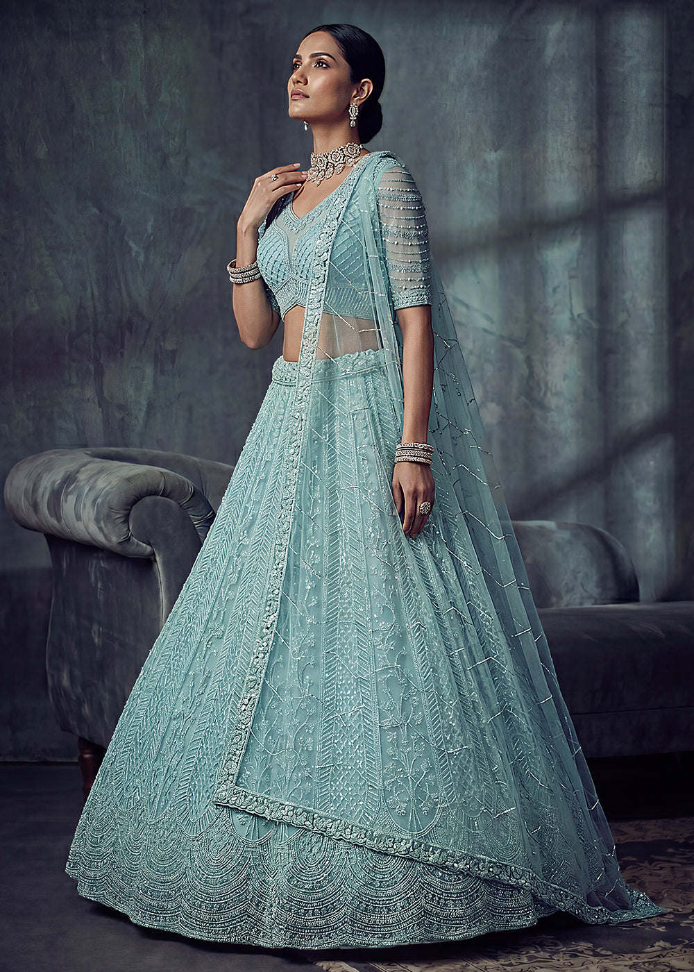 Buy Now Bridal Sky Blue Embroidered Designer Style Lehenga Choli Online in US, UK, Canada, France, Italy, Germany, Sweden, UAE &amp; Worldwide at Empress Clothing.