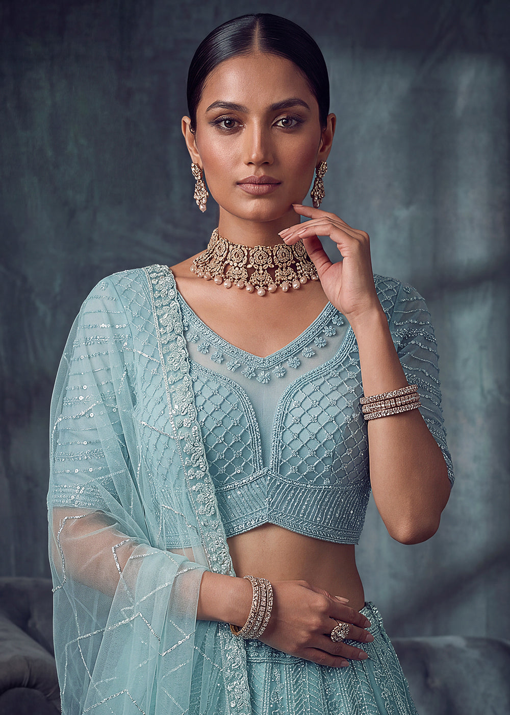 Buy Now Bridal Sky Blue Embroidered Designer Style Lehenga Choli Online in US, UK, Canada, France, Italy, Germany, Sweden, UAE & Worldwide at Empress Clothing.
