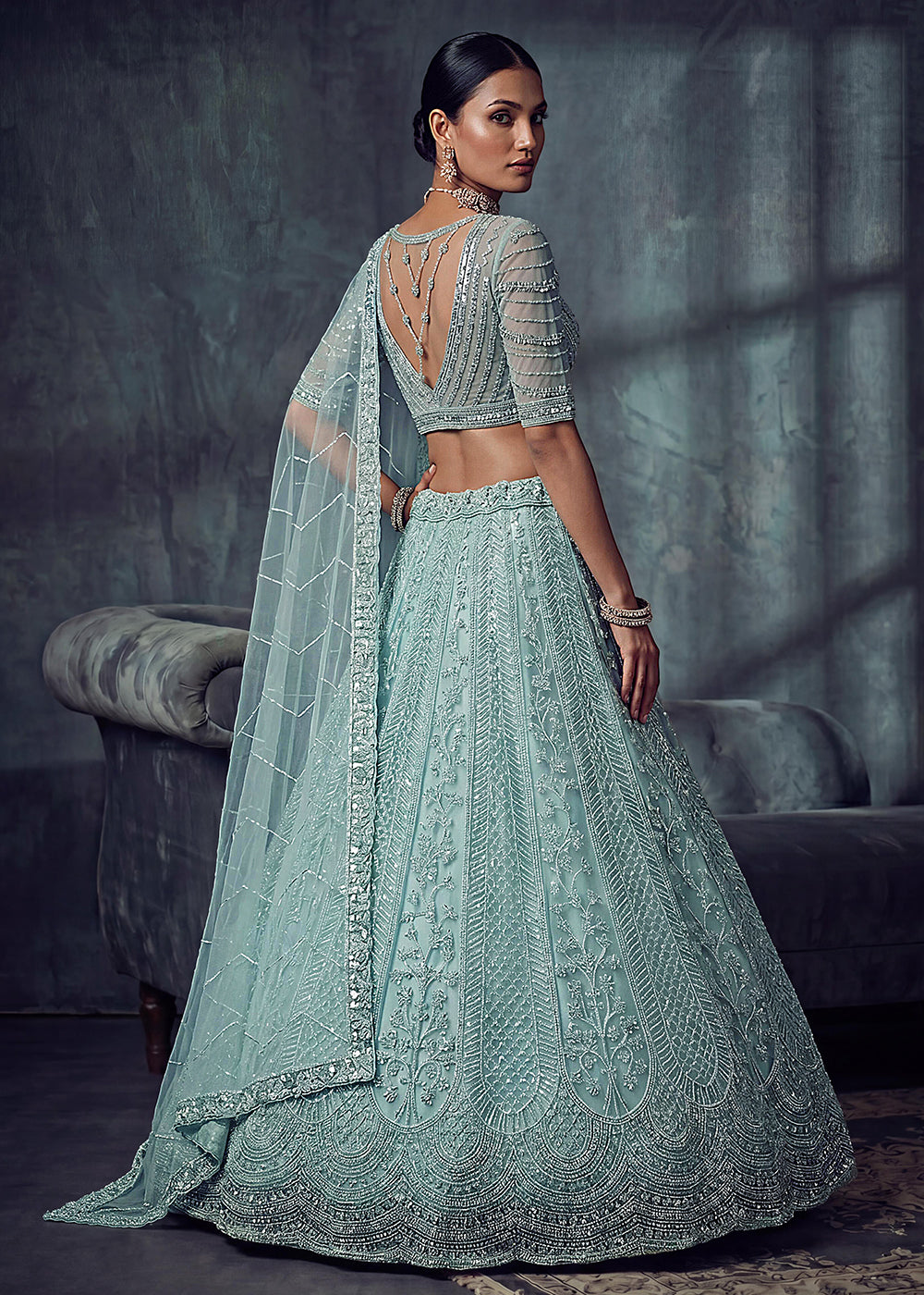 Buy Now Bridal Sky Blue Embroidered Designer Style Lehenga Choli Online in US, UK, Canada, France, Italy, Germany, Sweden, UAE &amp; Worldwide at Empress Clothing.