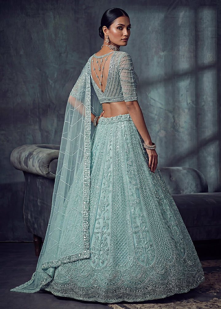 Buy Now Bridal Sky Blue Embroidered Designer Style Lehenga Choli Online in US, UK, Canada, France, Italy, Germany, Sweden, UAE &amp; Worldwide at Empress Clothing.