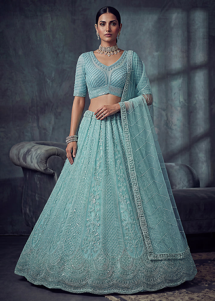 Buy Now Bridal Sky Blue Embroidered Designer Style Lehenga Choli Online in US, UK, Canada, France, Italy, Germany, Sweden, UAE &amp; Worldwide at Empress Clothing.