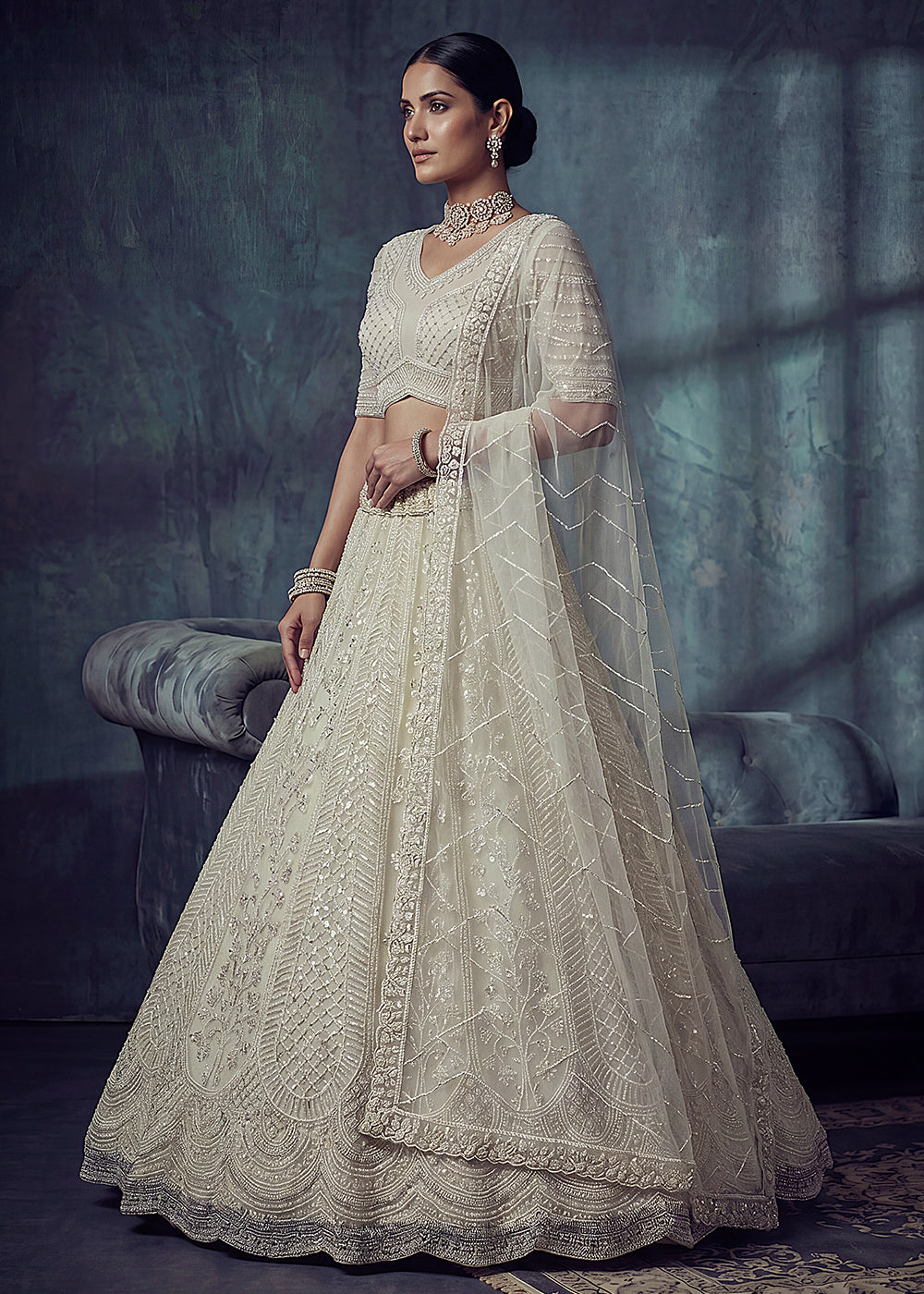 Buy Now Bridal White Embroidered Designer Style Lehenga Choli Online in US, UK, Canada, France, Italy, Germany, Sweden, UAE &amp; Worldwide at Empress Clothing.