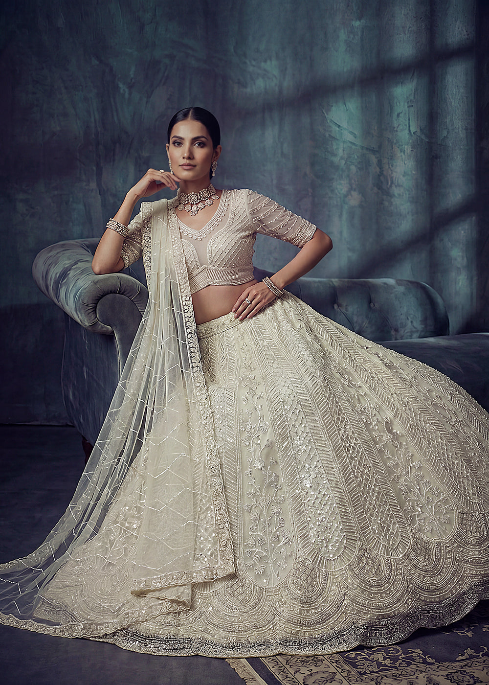 Buy Now Bridal White Embroidered Designer Style Lehenga Choli Online in US, UK, Canada, France, Italy, Germany, Sweden, UAE &amp; Worldwide at Empress Clothing.