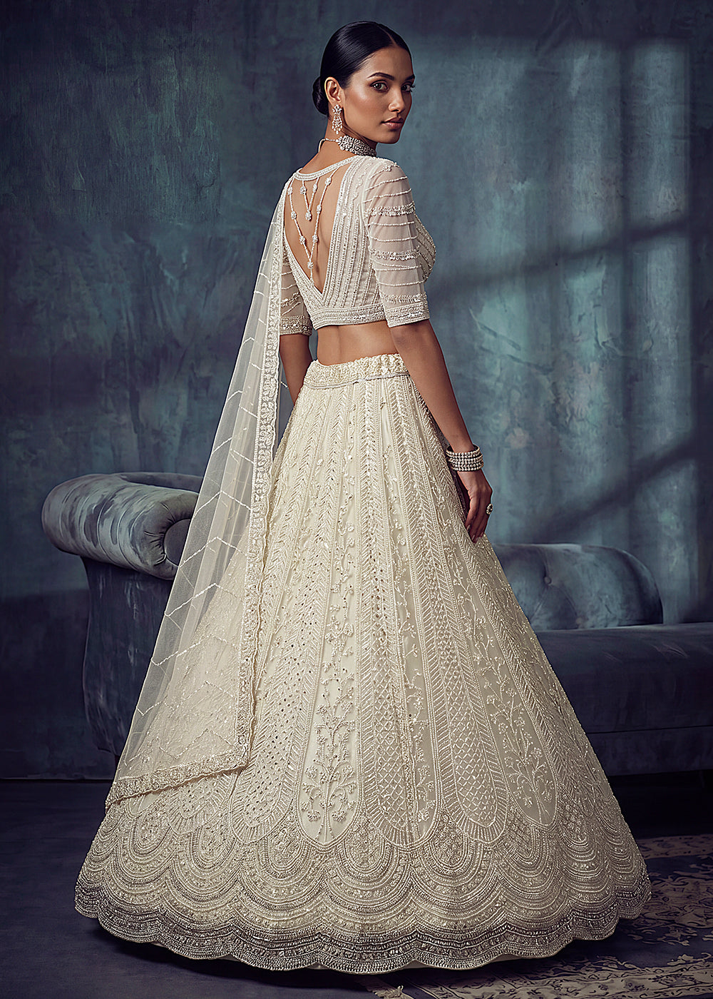 Buy Now Bridal White Embroidered Designer Style Lehenga Choli Online in US, UK, Canada, France, Italy, Germany, Sweden, UAE &amp; Worldwide at Empress Clothing.