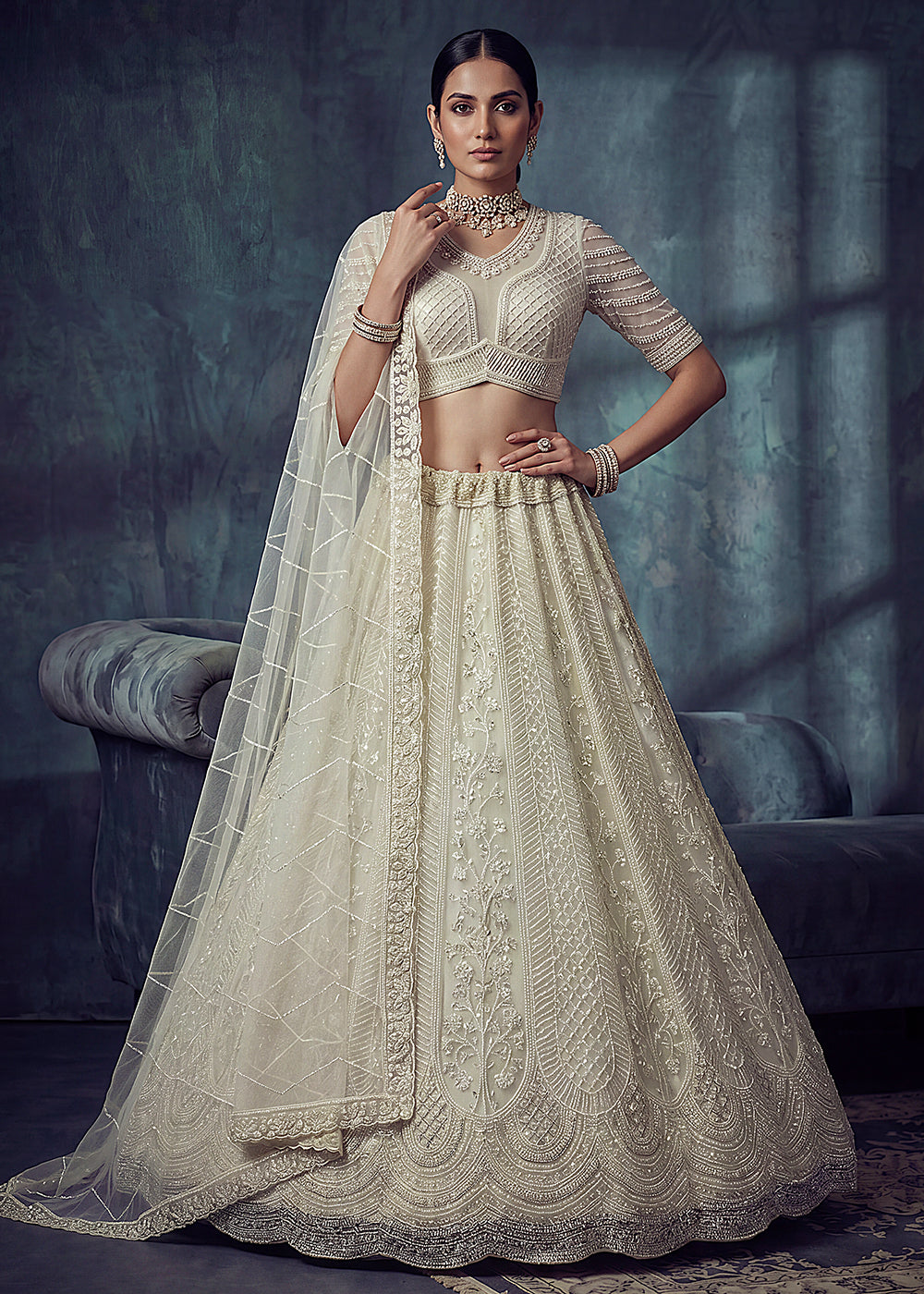 Buy Now Bridal White Embroidered Designer Style Lehenga Choli Online in US, UK, Canada, France, Italy, Germany, Sweden, UAE & Worldwide at Empress Clothing.