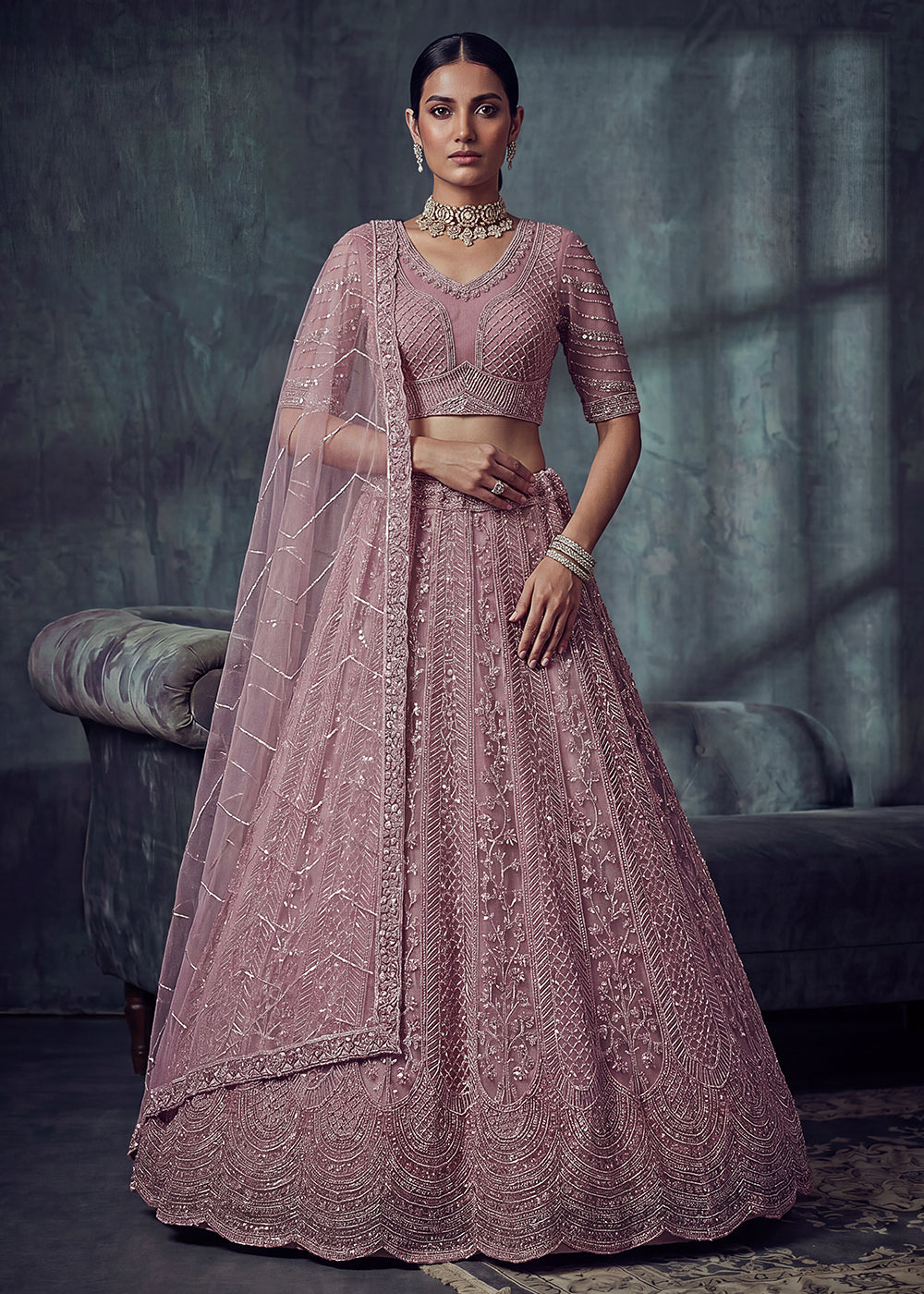 Buy Now Bridal Pink Embroidered Designer Style Lehenga Choli Online in US, UK, Canada, France, Italy, Germany, Sweden, UAE &amp; Worldwide at Empress Clothing.
