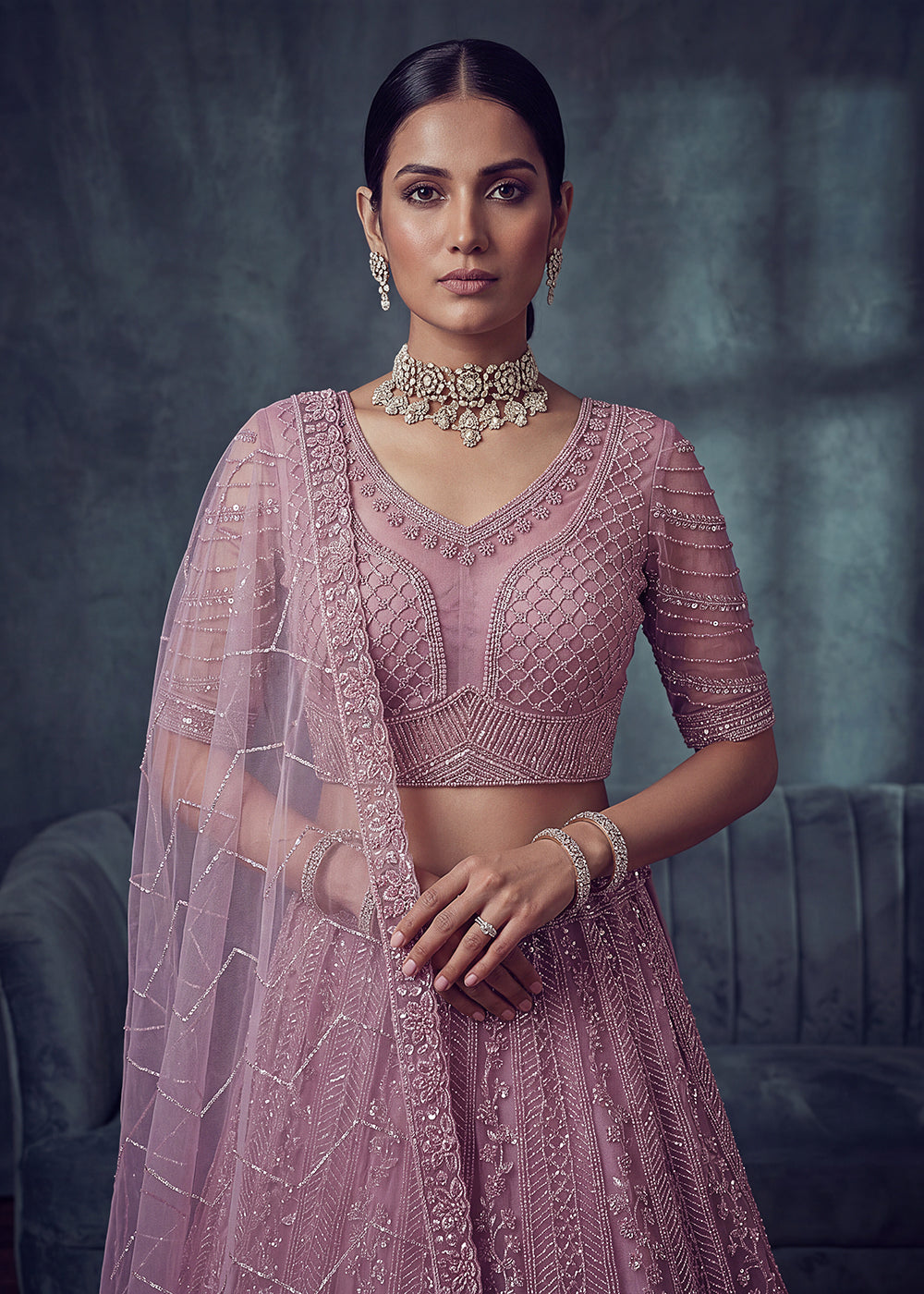 Buy Now Bridal Pink Embroidered Designer Style Lehenga Choli Online in US, UK, Canada, France, Italy, Germany, Sweden, UAE &amp; Worldwide at Empress Clothing.