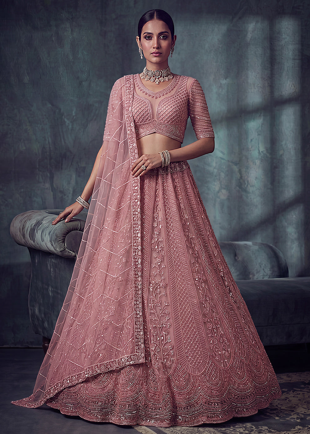 Buy Now Bridal Peach Embroidered Designer Style Lehenga Choli Online in US, UK, Canada, France, Italy, Germany, Sweden, UAE & Worldwide at Empress Clothing.