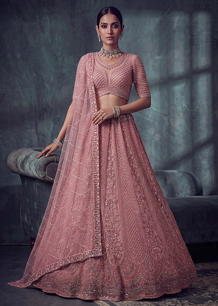 Buy Now Bridal Peach Embroidered Designer Style Lehenga Choli Online in US, UK, Canada, France, Italy, Germany, Sweden, UAE &amp; Worldwide at Empress Clothing.