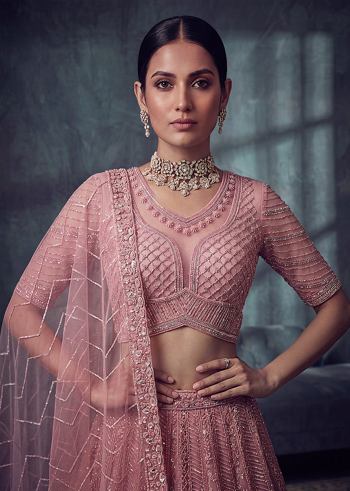 Buy Now Bridal Peach Embroidered Designer Style Lehenga Choli Online in US, UK, Canada, France, Italy, Germany, Sweden, UAE &amp; Worldwide at Empress Clothing.