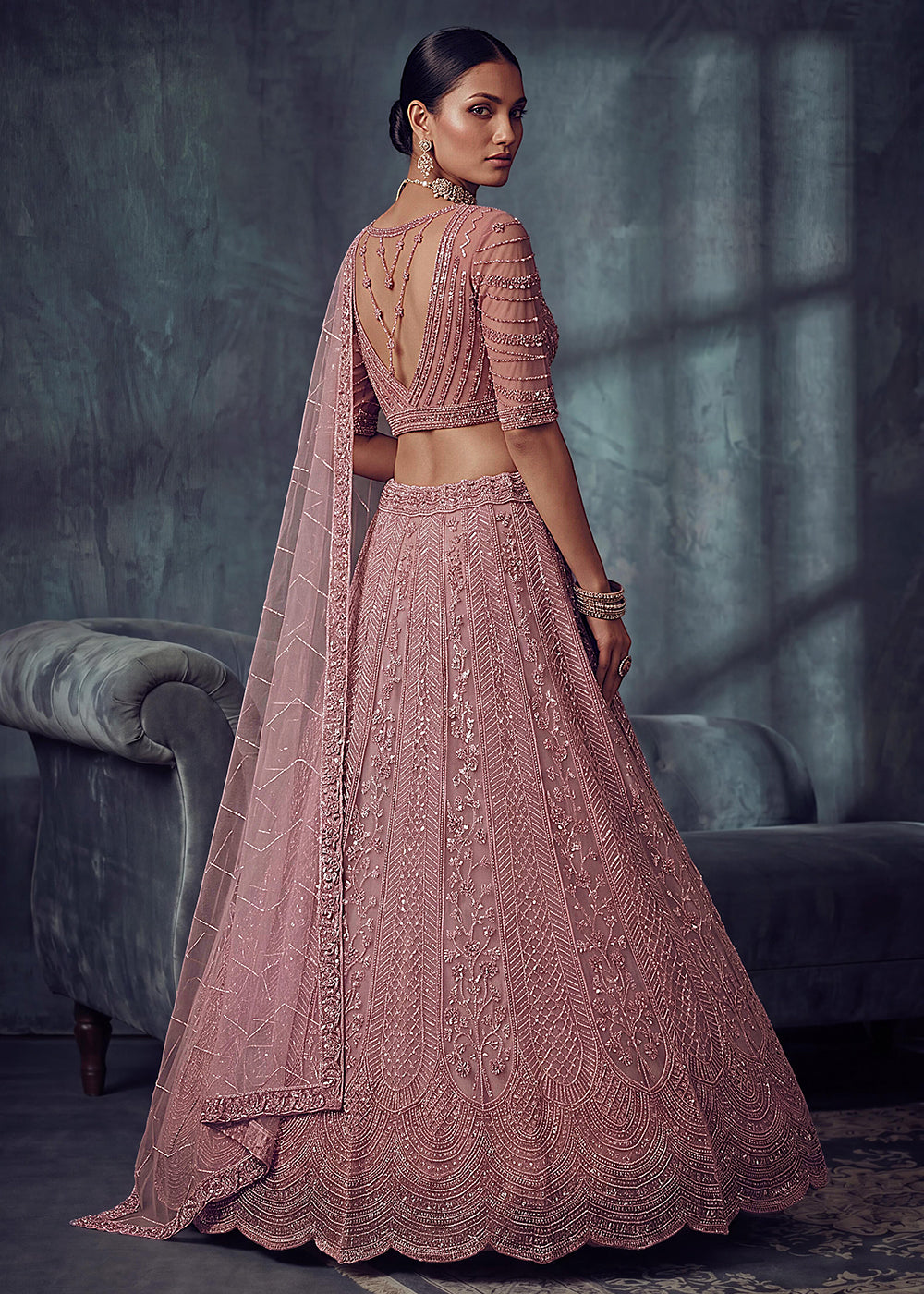 Buy Now Bridal Peach Embroidered Designer Style Lehenga Choli Online in US, UK, Canada, France, Italy, Germany, Sweden, UAE &amp; Worldwide at Empress Clothing.