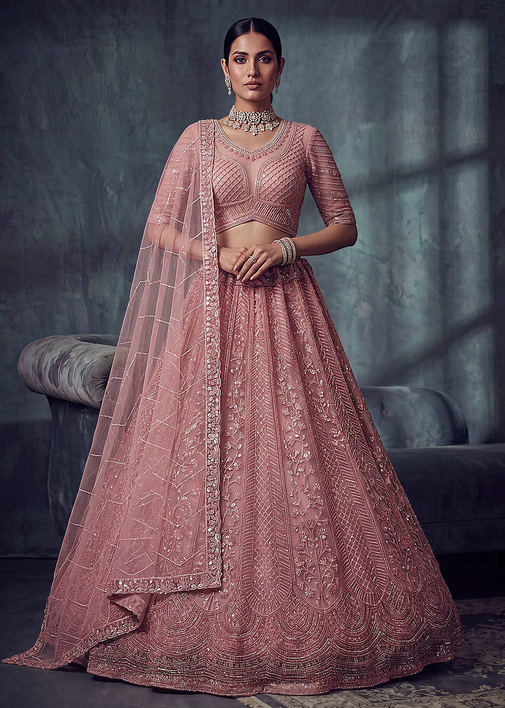 Buy Now Bridal Peach Embroidered Designer Style Lehenga Choli Online in US, UK, Canada, France, Italy, Germany, Sweden, UAE & Worldwide at Empress Clothing.