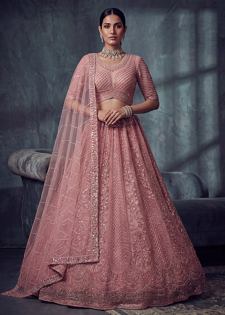Buy Now Bridal Peach Embroidered Designer Style Lehenga Choli Online in US, UK, Canada, France, Italy, Germany, Sweden, UAE &amp; Worldwide at Empress Clothing.