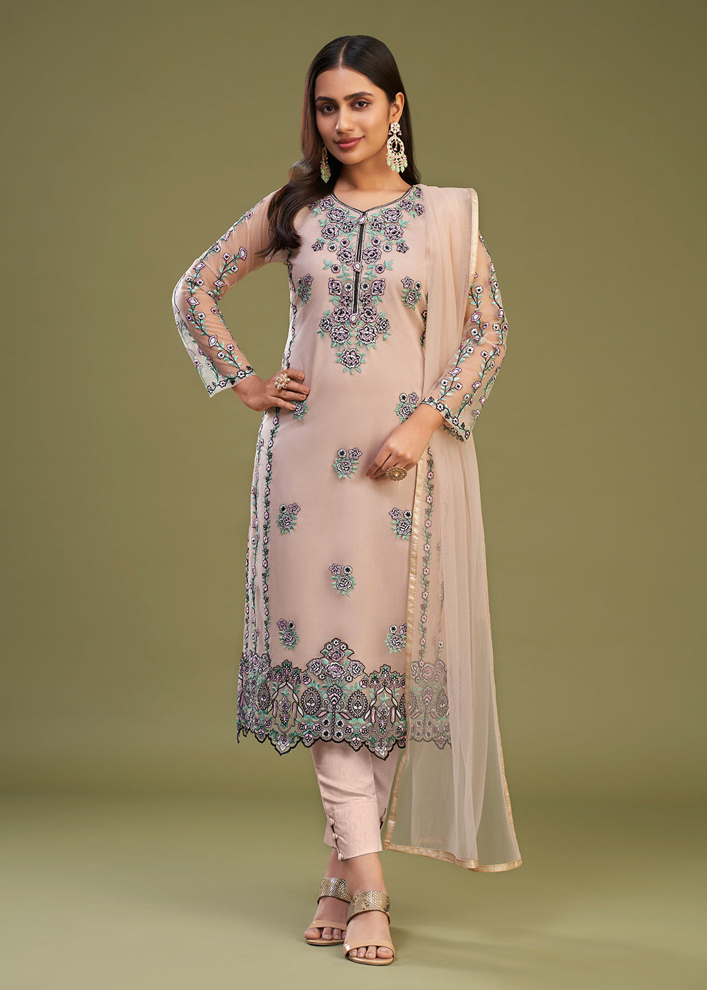 Buy Now Peach Multi Thread Embroidered Net Salwar Suit Online in USA, UK, Canada, Germany, Australia & Worldwide at Empress Clothing.