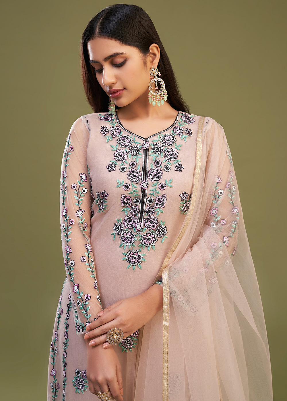 Buy Now Peach Multi Thread Embroidered Net Salwar Suit Online in USA, UK, Canada, Germany, Australia & Worldwide at Empress Clothing.