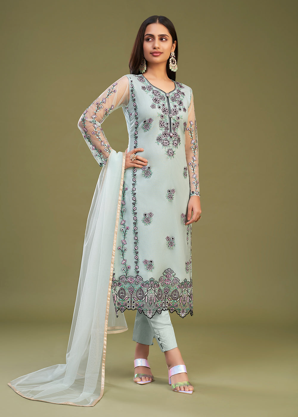 Buy Now Firozi Multi Thread Embroidered Net Salwar Suit Online in USA, UK, Canada, Germany, Australia & Worldwide at Empress Clothing.