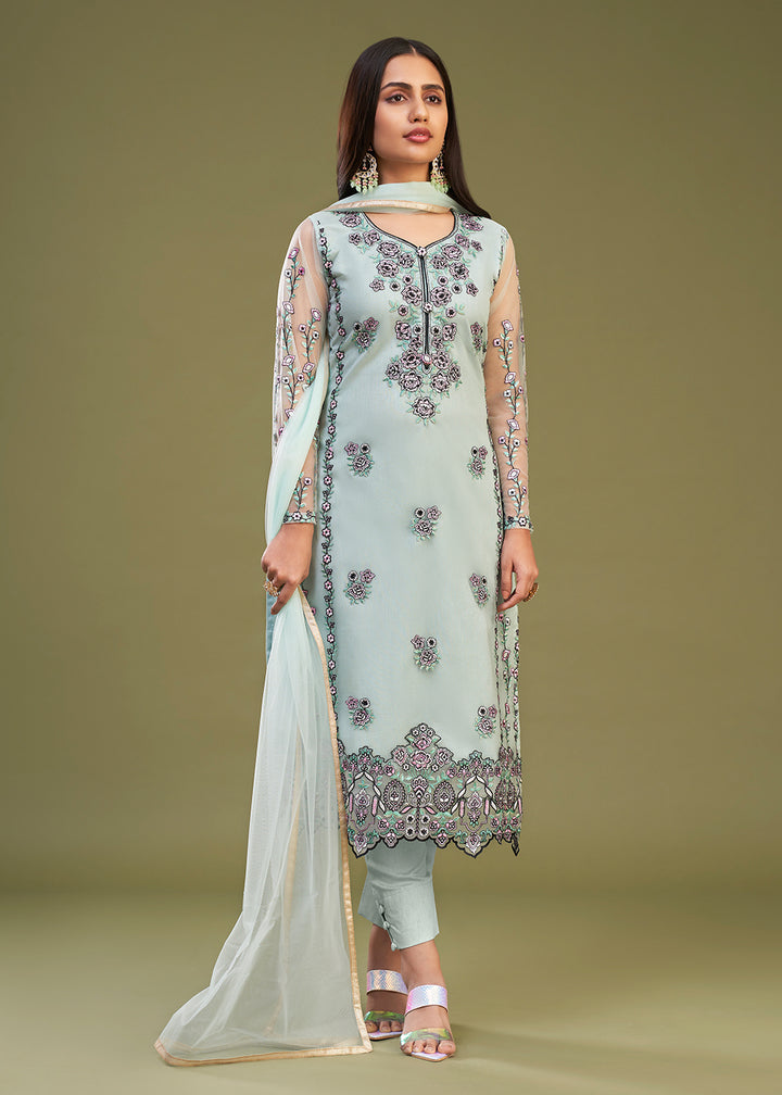 Buy Now Firozi Multi Thread Embroidered Net Salwar Suit Online in USA, UK, Canada, Germany, Australia & Worldwide at Empress Clothing.