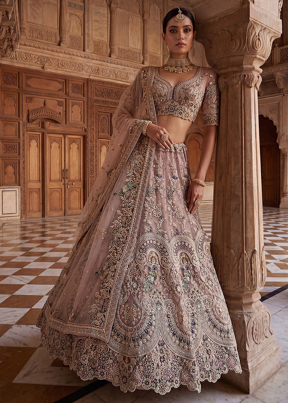 Buy Now Pink Heavy Embroidered Wedding Reception Lehenga Choli Online in US, UK, Canada, France, Italy, Germany, Sweden, UAE &amp; Worldwide at Empress Clothing.