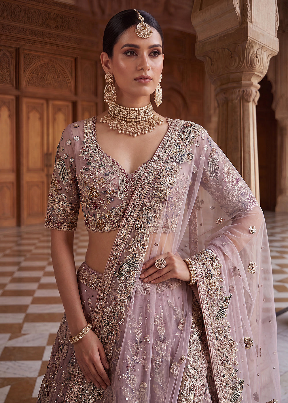 Buy Now Pink Heavy Embroidered Wedding Reception Lehenga Choli Online in US, UK, Canada, France, Italy, Germany, Sweden, UAE &amp; Worldwide at Empress Clothing.