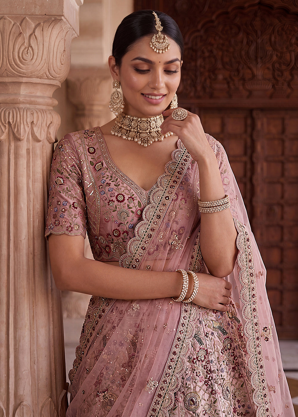 Buy Now Pink Heavy Embroidered Wedding Function Lehenga Choli Online in US, UK, Canada, France, Italy, Germany, Sweden, UAE & Worldwide at Empress Clothing.