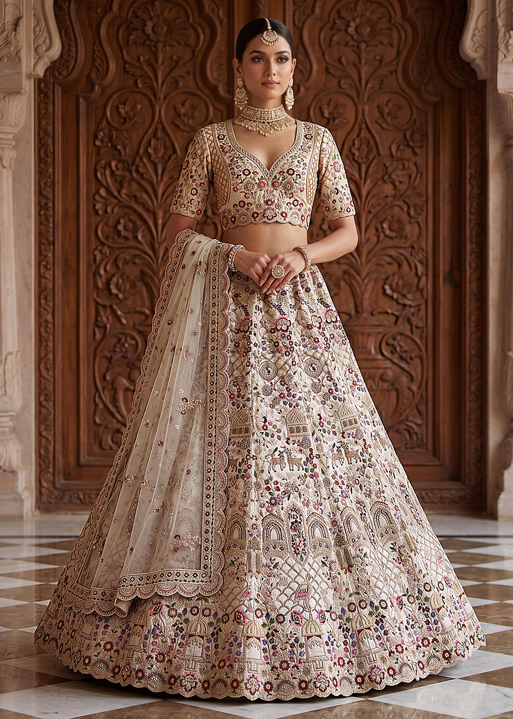 Buy Now Off White Heavy Embroidered Wedding Function Lehenga Choli Online in US, UK, Canada, France, Italy, Germany, Sweden, UAE &amp; Worldwide at Empress Clothing.