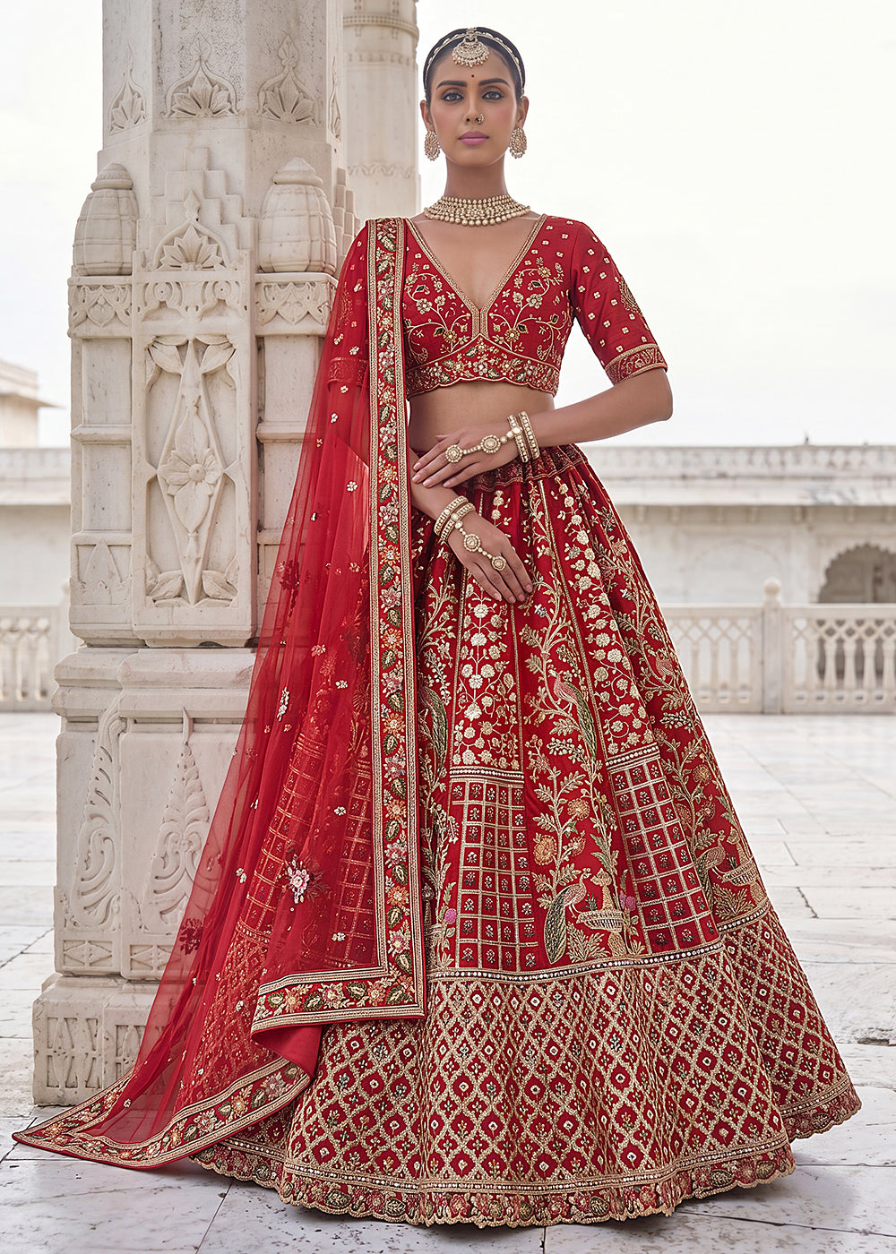 Buy Now Red Wedding Style Embroidered Traditional Lehenga Choli Online in US, UK, Canada, France, Italy, Germany, Sweden, UAE &amp; Worldwide at Empress Clothing.