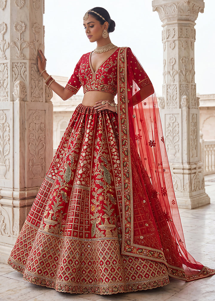 Buy Now Red Wedding Style Embroidered Traditional Lehenga Choli Online in US, UK, Canada, France, Italy, Germany, Sweden, UAE &amp; Worldwide at Empress Clothing.