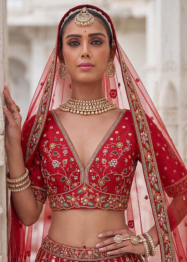 Buy Now Red Wedding Style Embroidered Traditional Lehenga Choli Online in US, UK, Canada, France, Italy, Germany, Sweden, UAE &amp; Worldwide at Empress Clothing.