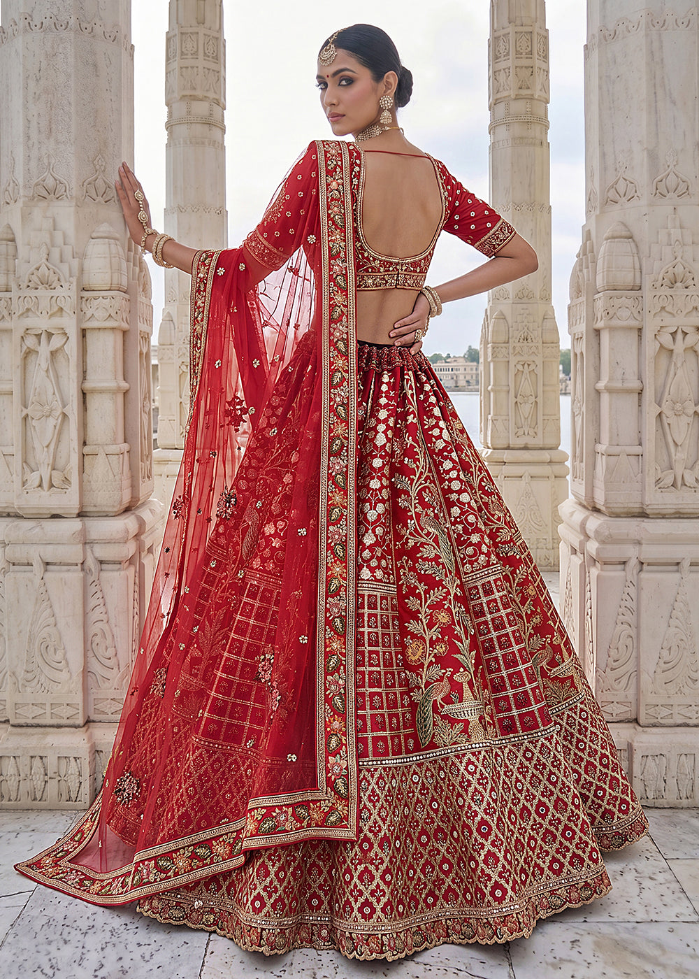 Buy Now Red Wedding Style Embroidered Traditional Lehenga Choli Online in US, UK, Canada, France, Italy, Germany, Sweden, UAE &amp; Worldwide at Empress Clothing.