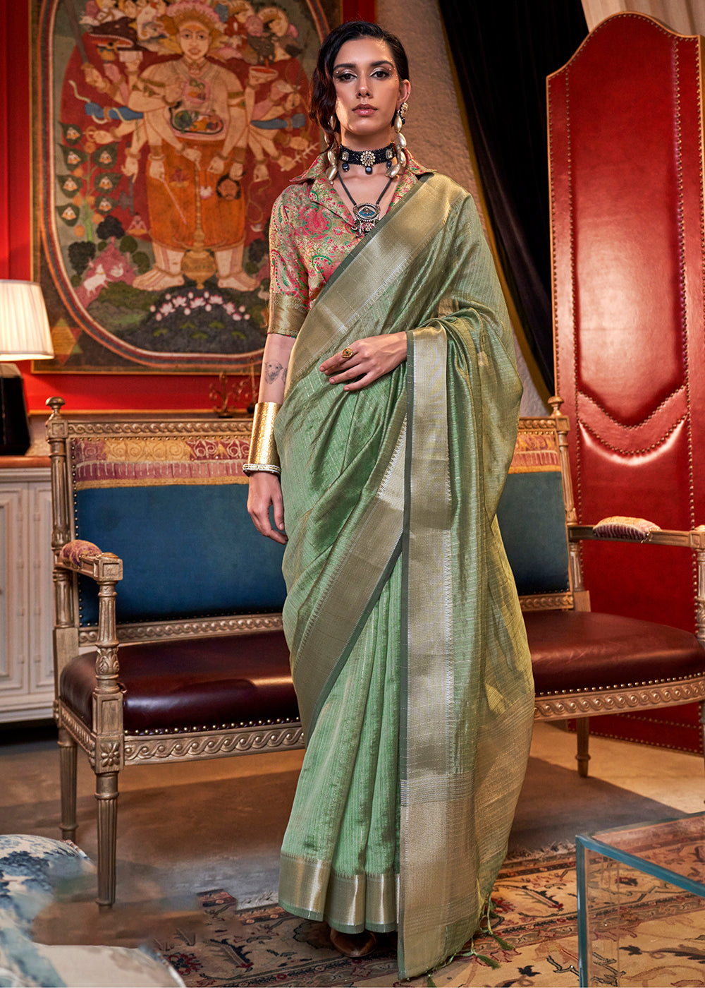 Buy Now Green Moss Chiffon Party Style Designer Saree Online in Canada, UK, France, Germany, UAE, USA & Worldwide at Empress Clothing. 