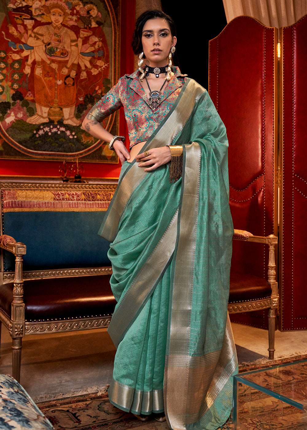 Buy Now Aqua Green Moss Chiffon Party Style Designer Saree Online in Canada, UK, France, Germany, UAE, USA & Worldwide at Empress Clothing. 