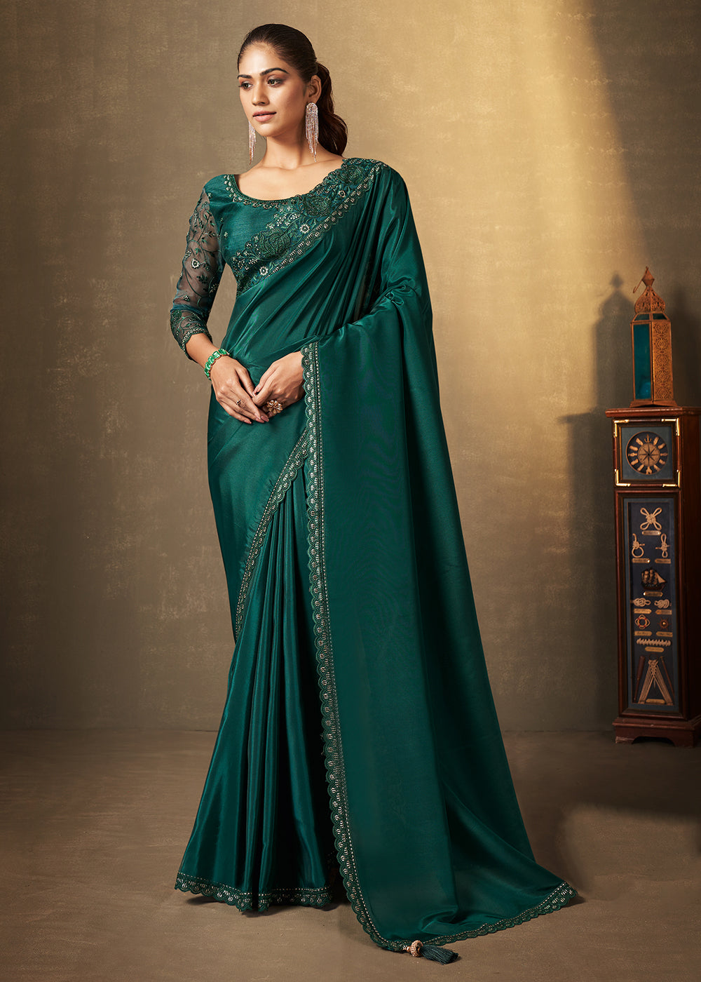 Buy Now Bottle Green Crepe Stone Embroidered Designer Saree Online in USA, UK, Canada & Worldwide at Empress Clothing.