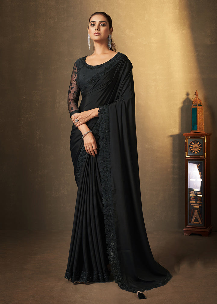 Buy Now Black Satin Silk Swarovski Embroidered Designer Saree Online in USA, UK, Canada & Worldwide at Empress Clothing. 