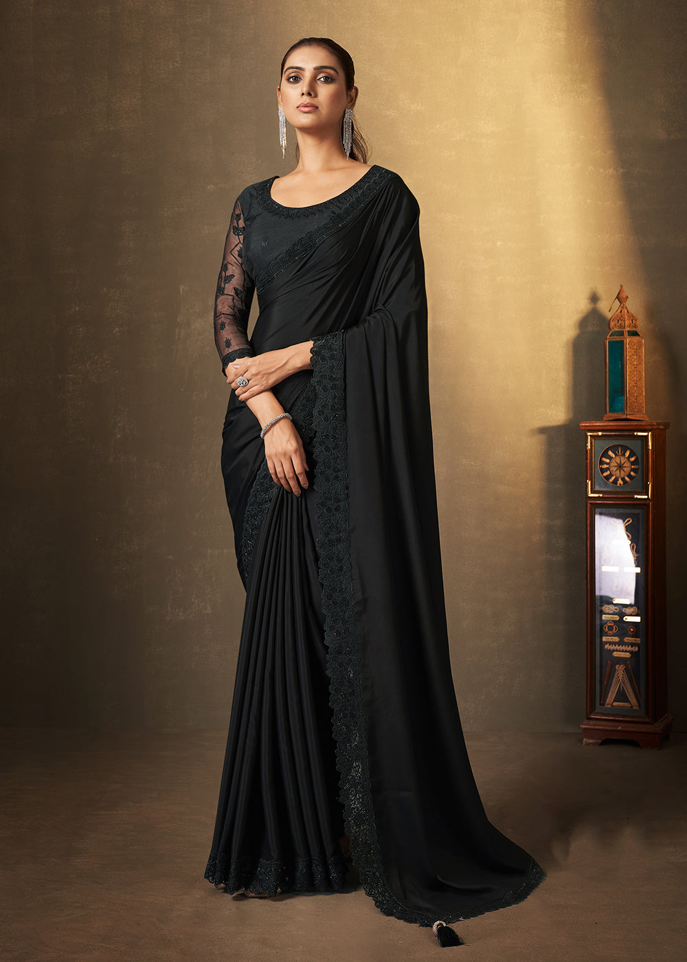 Buy Pleasing Black Palazzo Saree with Embroidered Belt