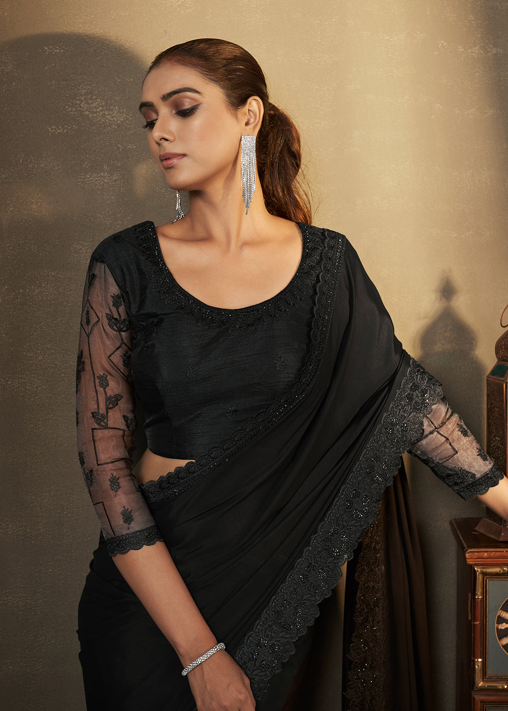Buy Now Black Satin Silk Swarovski Embroidered Designer Saree Online in USA, UK, Canada & Worldwide at Empress Clothing. 