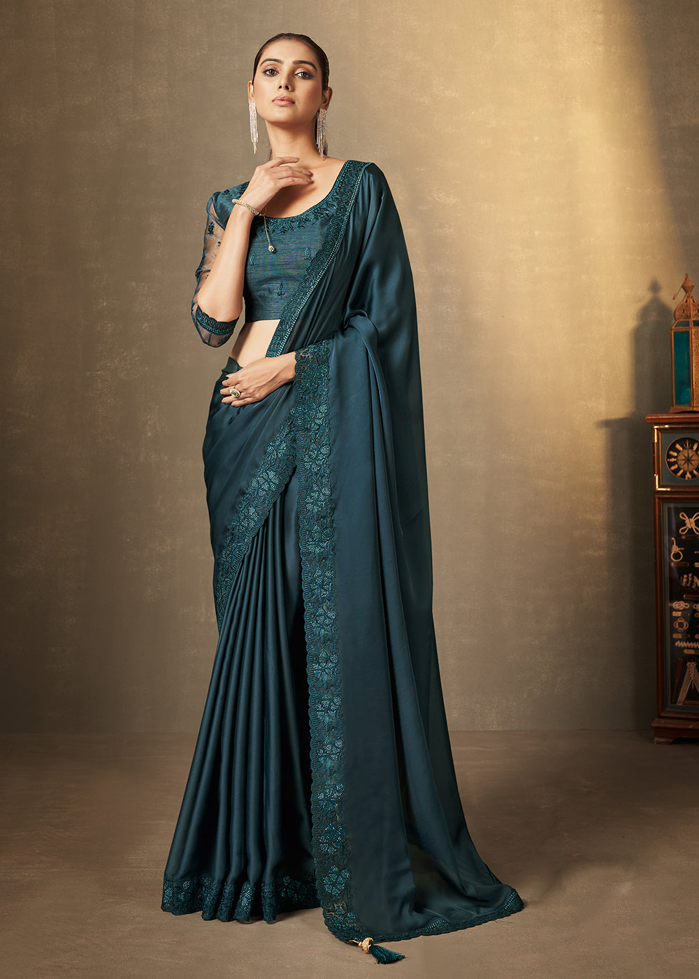 Buy Now Parisian Blue Satin Silk Swarovski Embroidered Designer Saree Online in USA, UK, Canada & Worldwide at Empress Clothing. 