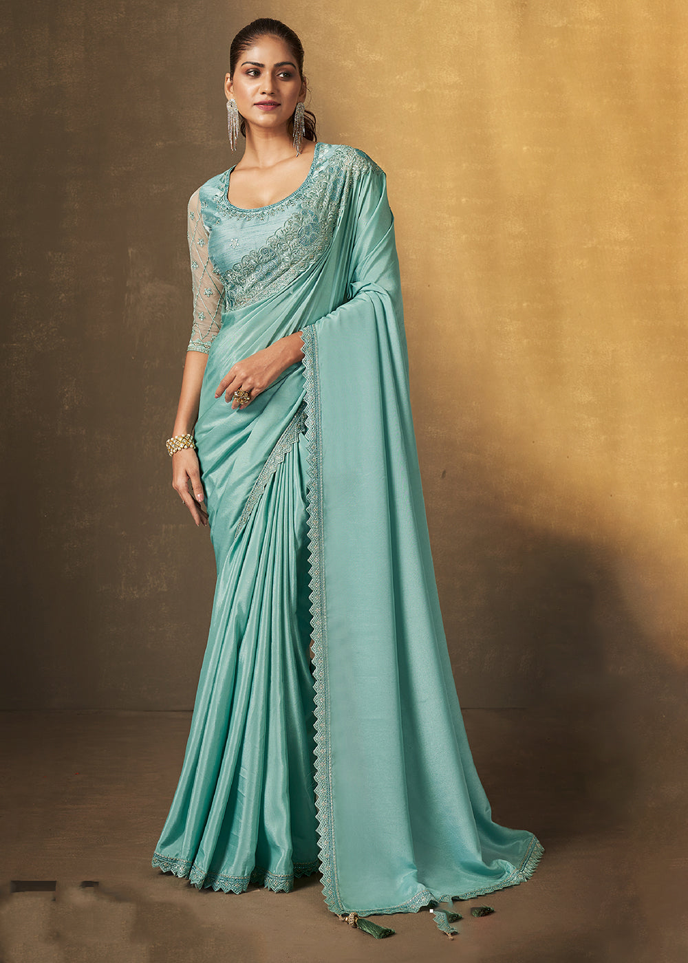 Buy Now Vista Blue Crepe Georgette Silk Designer Saree Online in USA, UK, Canada & Worldwide at Empress Clothing. 