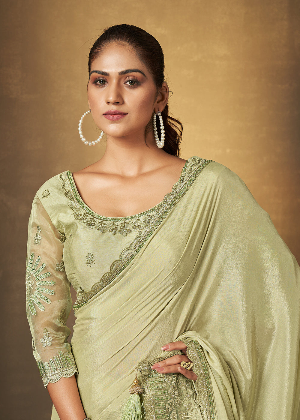 Buy Now Pista Green Chinnon Chiffon Embroidered Designer Saree Online in USA, UK, Canada & Worldwide at Empress Clothing.