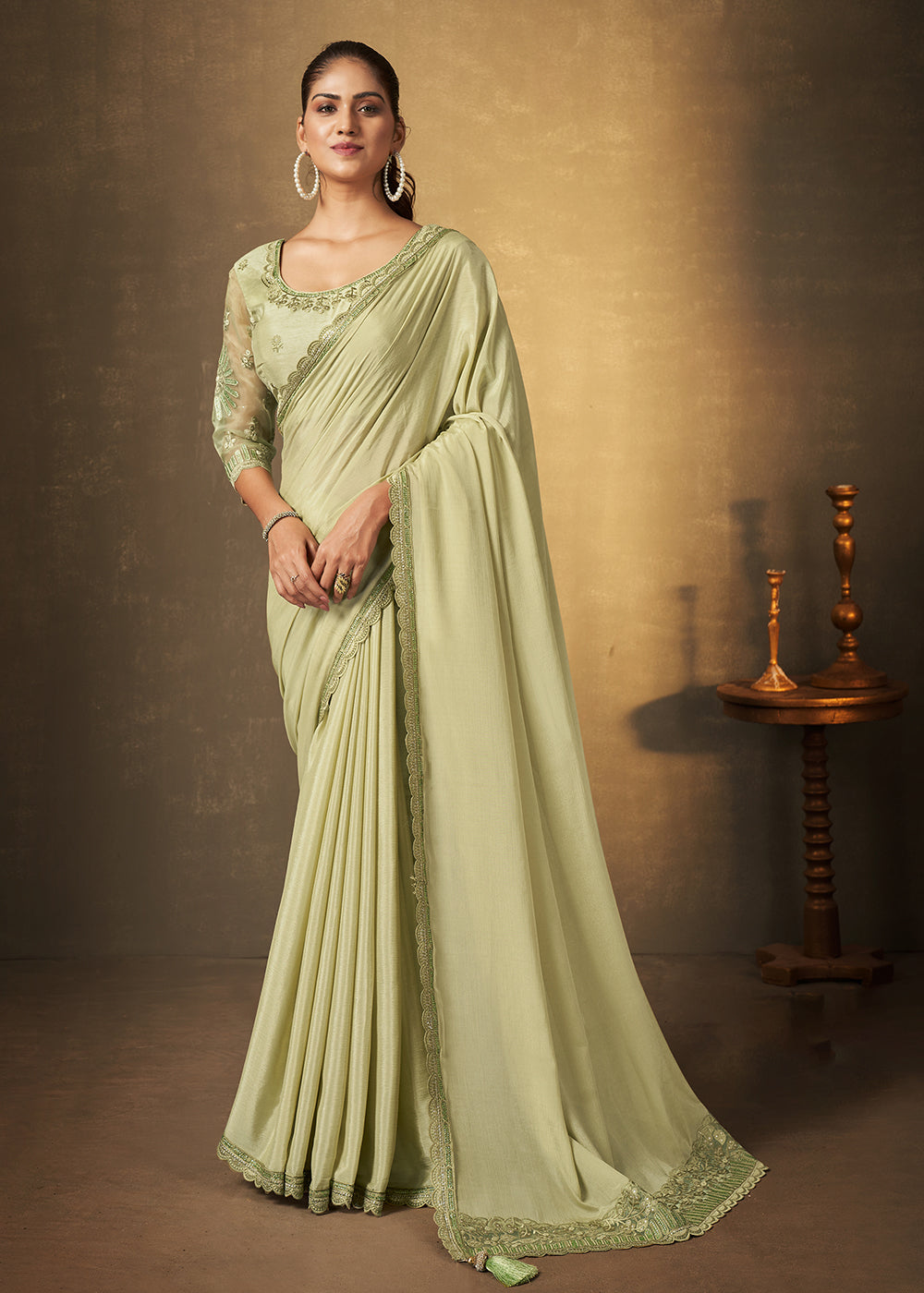 Buy Now Pista Green Chinnon Chiffon Embroidered Designer Saree Online in USA, UK, Canada & Worldwide at Empress Clothing.