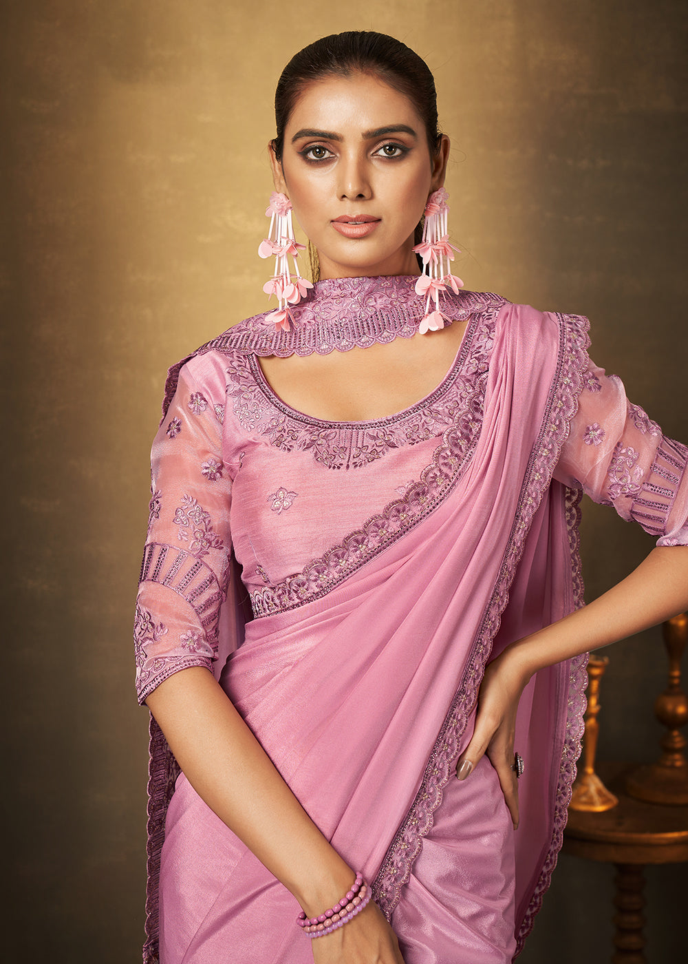 Buy Now Mandys Pink Crepe Georgette Silk Designer Saree Online in USA, UK, Canada & Worldwide at Empress Clothing. 