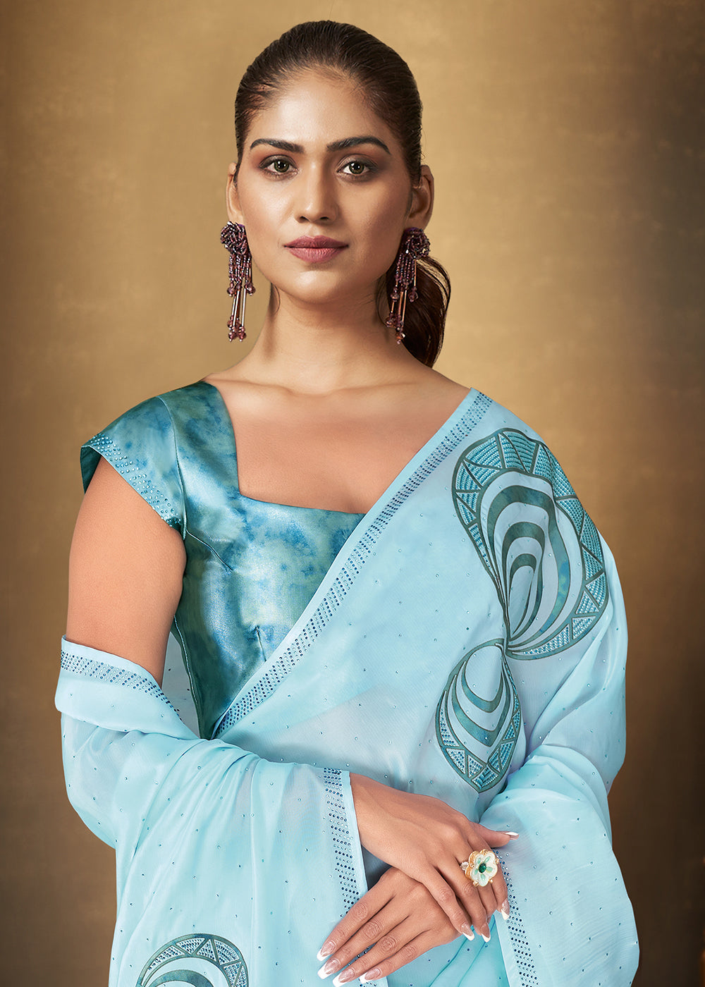 Buy Now Sky Blue Organza Crepe Designer Saree Online in USA, UK, Canada & Worldwide at Empress Clothing.