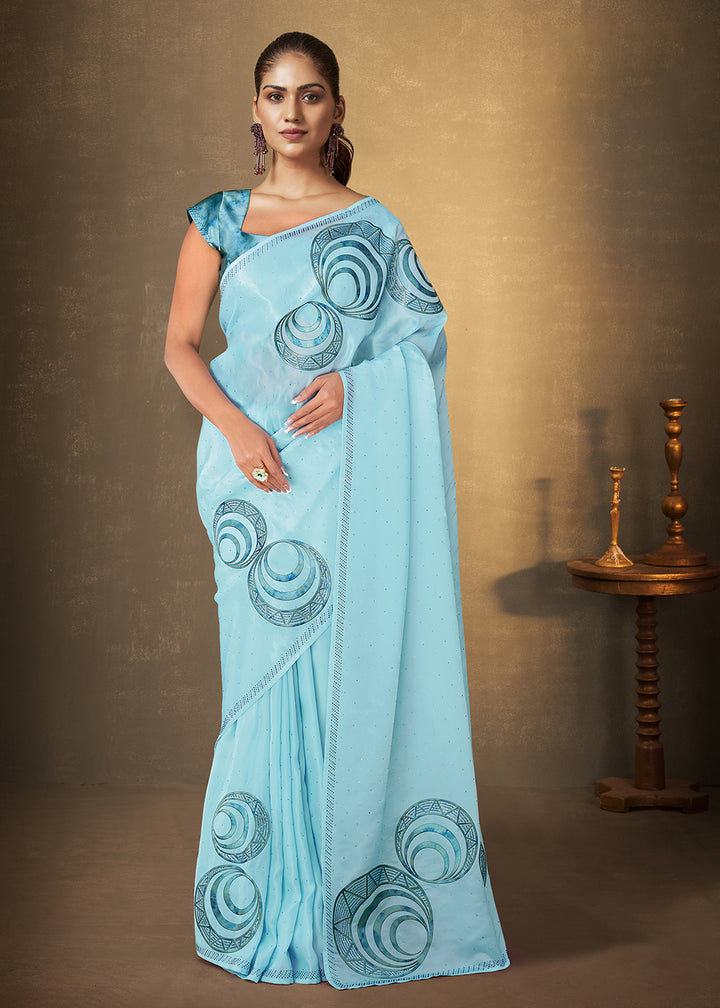 Buy Now Sky Blue Organza Crepe Designer Saree Online in USA, UK, Canada & Worldwide at Empress Clothing.