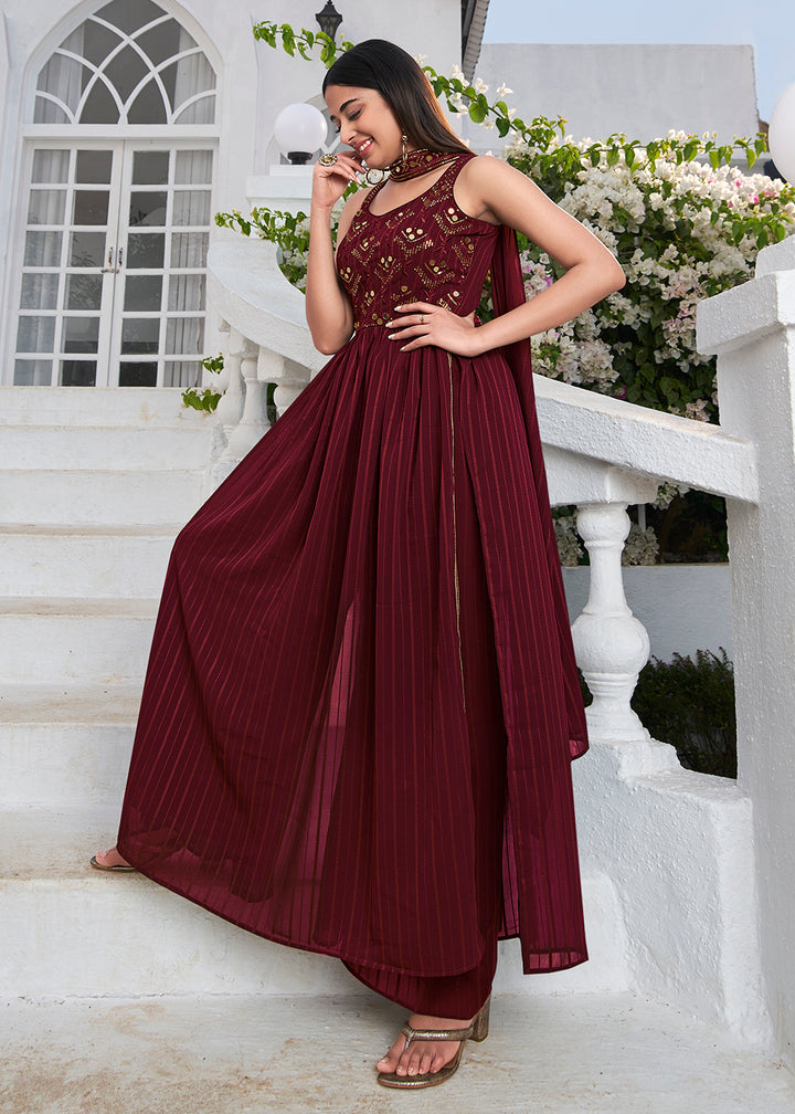 Buy Now Designer Splendid Maroon Party Style Palazzo Salwar Suit Online in USA, UK, Canada, Germany, Australia & Worldwide at Empress Clothing.