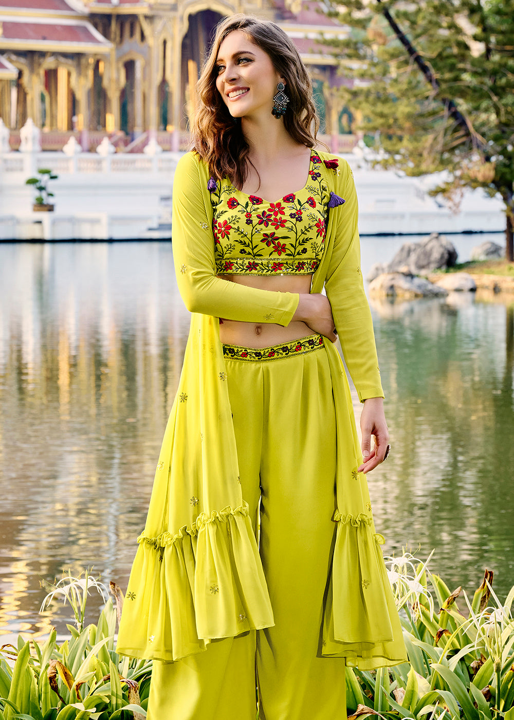 Lovely Fluorescence Green Exclusive Koti Style Co-Ords Palazzo Suit