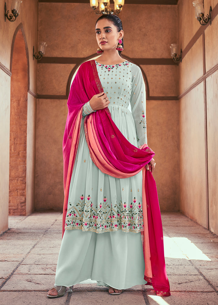Buy Now Attractive Georgette Sky Blue Embroidered Palazzo Salwar Suit Online in USA, UK, Canada, Germany, Australia & Worldwide at Empress Clothing. 