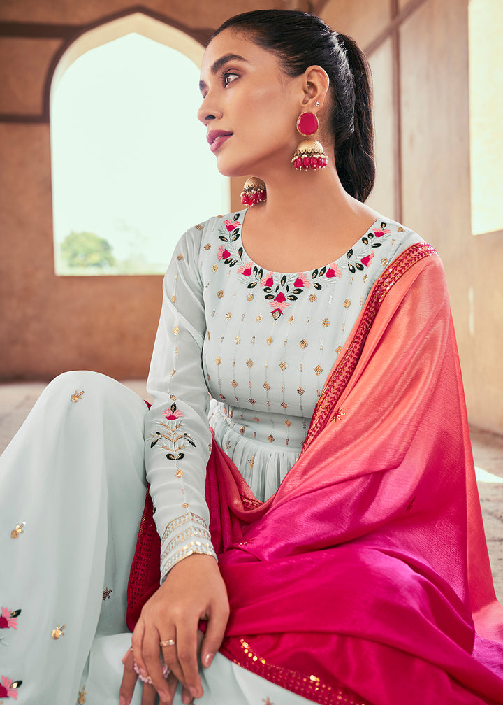 Buy Now Attractive Georgette Sky Blue Embroidered Palazzo Salwar Suit Online in USA, UK, Canada, Germany, Australia & Worldwide at Empress Clothing. 
