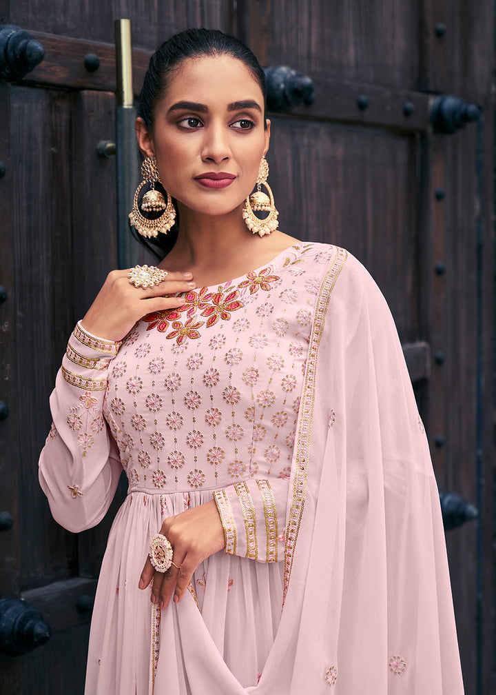 Buy Now Attractive Georgette Chiku Beige Embroidered Palazzo Salwar Suit Online in USA, UK, Canada, Germany, Australia & Worldwide at Empress Clothing. 